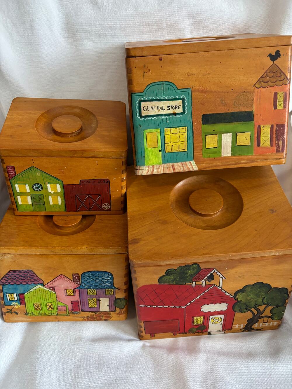 Vintage Wooden Canisters Nesting Set of 4 Painted Cottagecore Village Biuldings